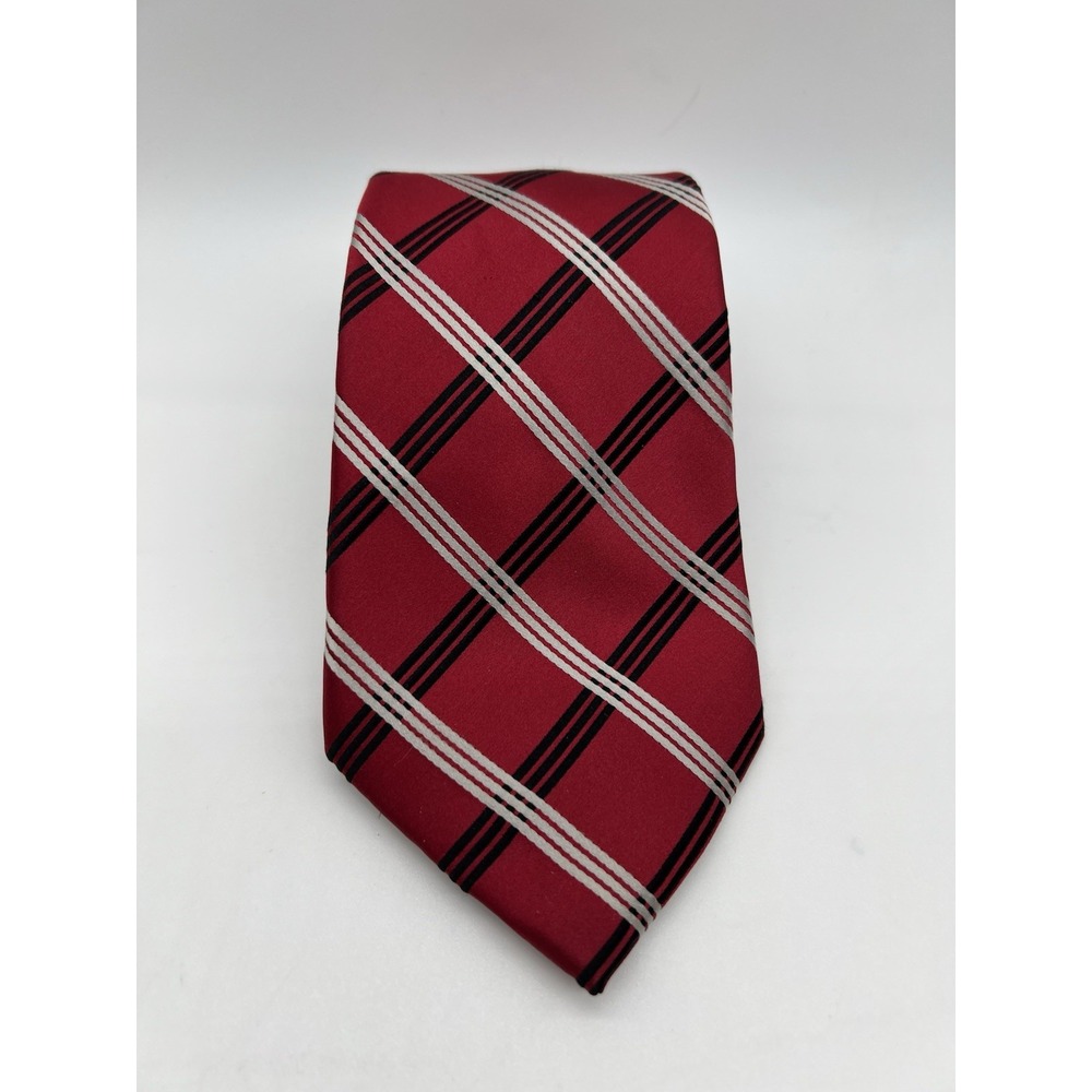 ✨ Men's BUGATTI Silk Tie Necktie RED BLACK WHITE CROSS STRIPES DECOR Crafty Sew